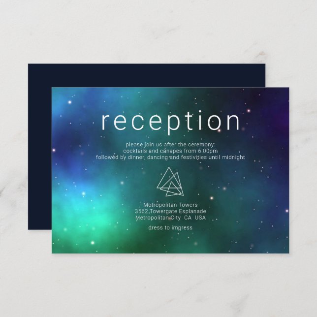 Blue Green Celestial Galaxy Modern Wedding Details Enclosure Card (Front/Back)