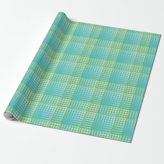 Blue Green Checker Abstract Pattern Wrapping Paper (Unrolled)