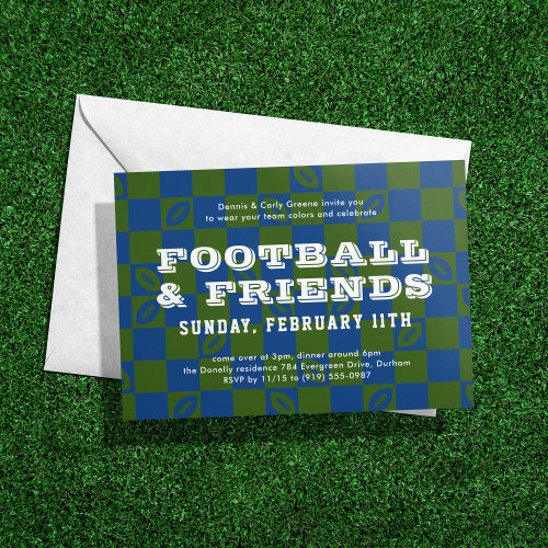 Blue Green Checkerboard Football Game Watch Party Invitation