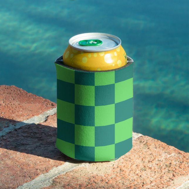 Blue Green Checkerboard Retro Colorful Checks  Can Cooler (In Situ Pool)