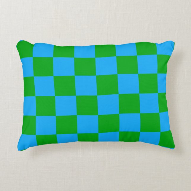 Blue Green Checkered Check Pattern Accent Pillow (Front)