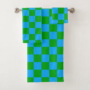 Blue Green Checkered Check Pattern Bath Towel Set