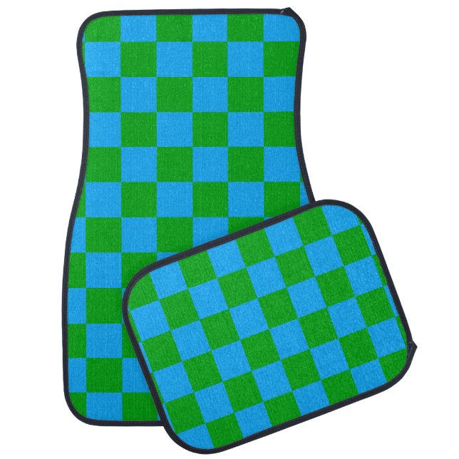 Blue Green Checkered Check Pattern Car Floor Mat (Set)
