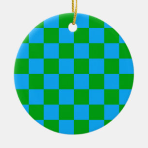 Blue Green Checkered Check Pattern Ceramic Ornament