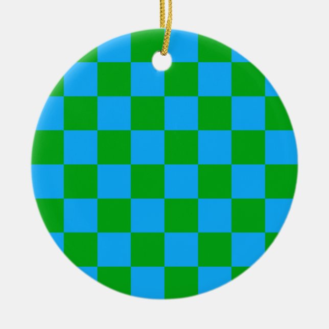 Blue Green Checkered Check Pattern Ceramic Ornament (Front)