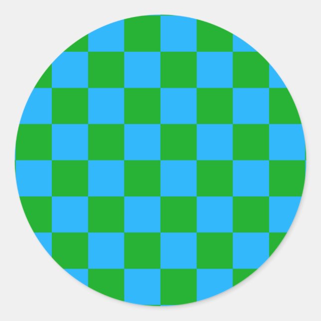 Blue Green Checkered Check Pattern Classic Round Sticker (Front)