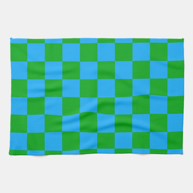 Blue Green Checkered Check Pattern Kitchen Towel (Horizontal)