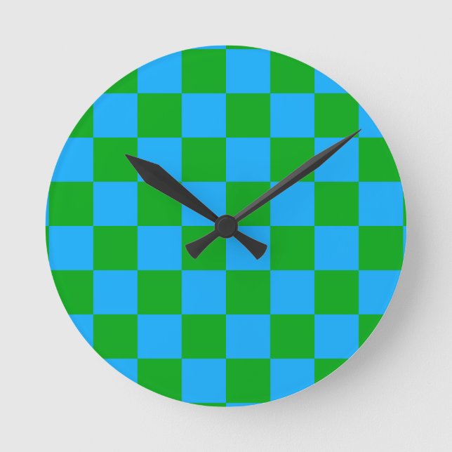 Blue Green Checkered Check Pattern Round Clock (Front)