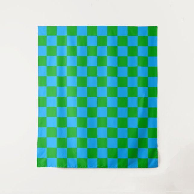 Blue Green Checkered Check Pattern Tapestry (Front)