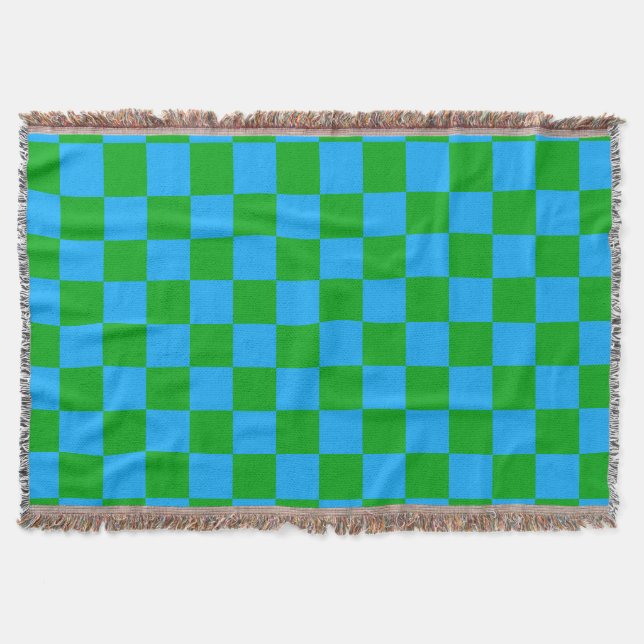 Blue Green Checkered Check Pattern Throw Blanket (Front)