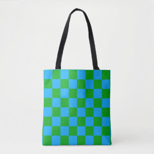 Blue Green Checkered Check Pattern Tote Bag