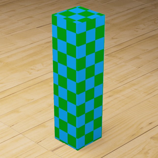 Blue Green Checkered Check Pattern Wine Box (Front)