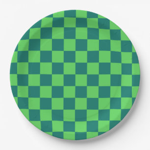 Blue Green Checkered Classic Retro Check Pattern Paper Plates
