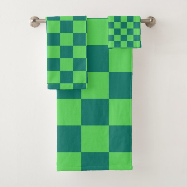 Blue Green Checkered Gingham Pattern Bath Towel Set (Insitu)