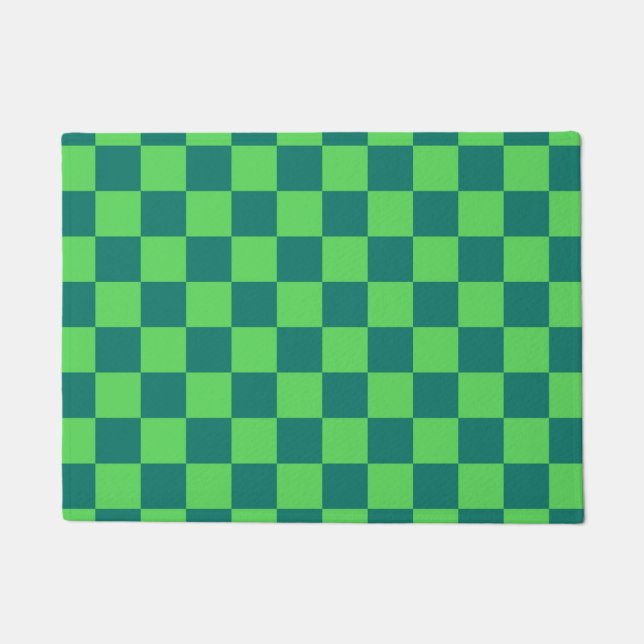 Blue Green Checkered Gingham Pattern Doormat (Front)