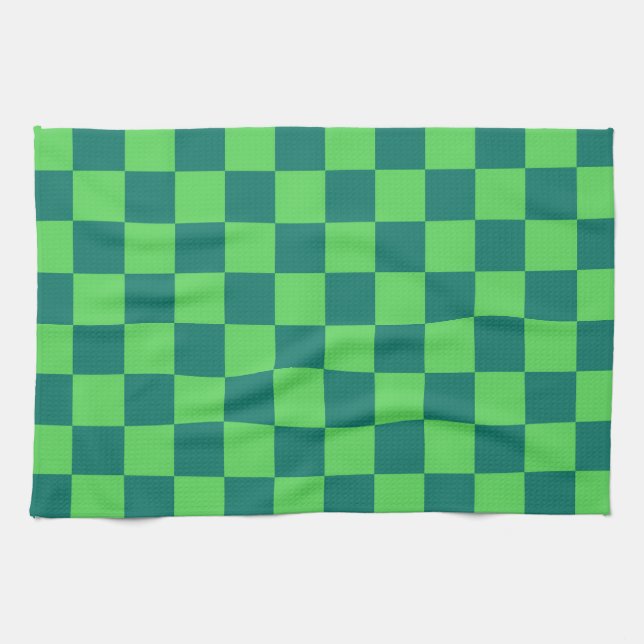 Blue Green Checkered Gingham Pattern Kitchen Towel (Horizontal)