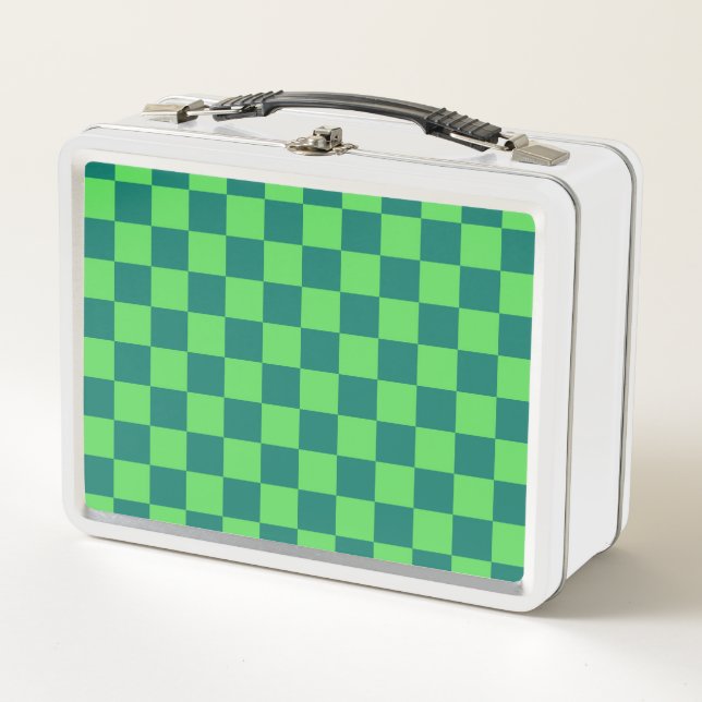 Blue Green Checkered Gingham Pattern Metal Lunch Box (Front)