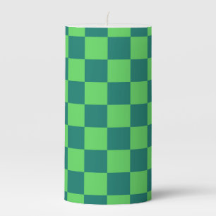 Blue Green Checkered Gingham Pattern Pillar Candle