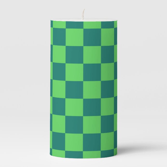 Blue Green Checkered Gingham Pattern Pillar Candle (Front)