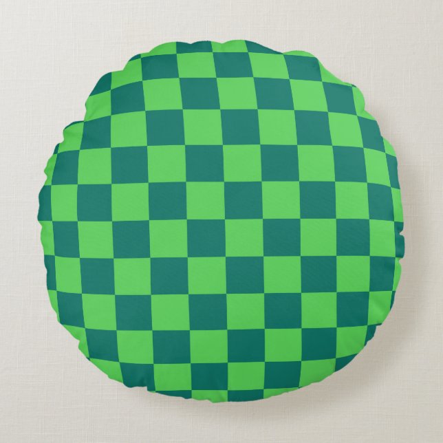 Blue Green Checkered Gingham Pattern Round Pillow (Front)