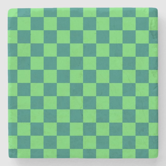 Blue Green Checkered Gingham Pattern Stone Coaster (Front)