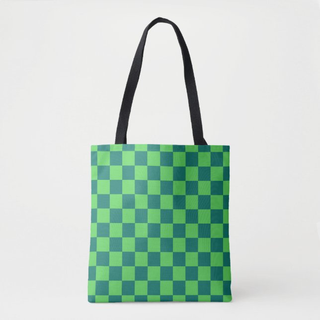 Blue Green Checkered Gingham Pattern Tote Bag (Front)