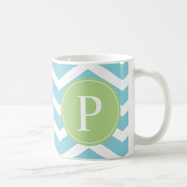 Blue Green Chevron Monogram Coffee Mug (Right)