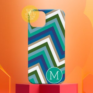 Blue Green Chevron Pattern Simple Monogram iPhone 16 Case