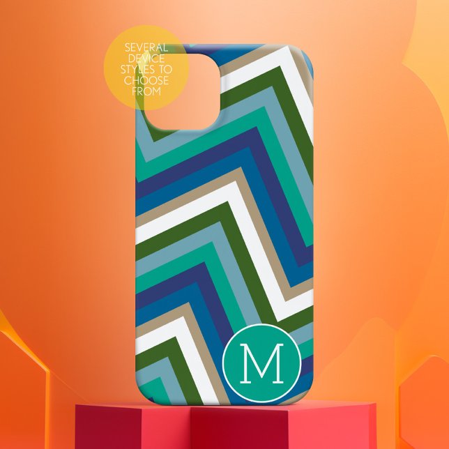Blue Green Chevron Pattern Simple Monogram Case-Mate iPhone Case (Personalized phone case)