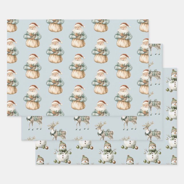 Blue Green Christmas Santa Deer Snowman Wrapping Paper Sheets (Set)
