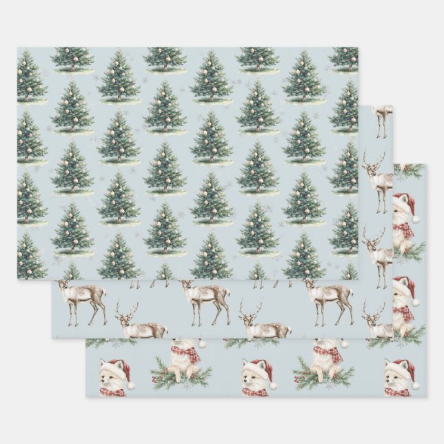 Blue Green Christmas Trees Deer Fox Wrapping Paper Sheets (Set)