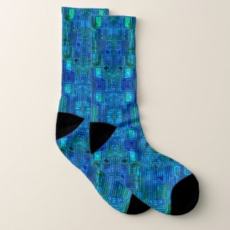 Blue green circuit board, geek computer nerd style socks