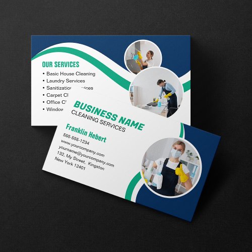 Blue Green Cleaning Service Housekeeping Maid Business Card