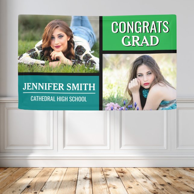 Blue Green Color Block Photo Graduation Party Banner (Creator Uploaded)