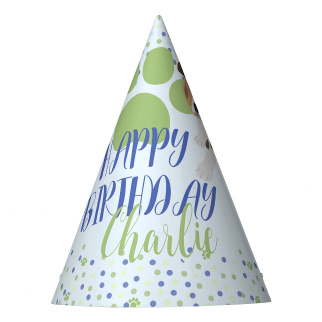 Blue Green Colorful Cute Puppy Dog Named Party Hat (Front)