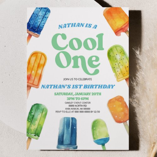 Blue Green Cool One Popsicle 1st Birthday Party Invitation