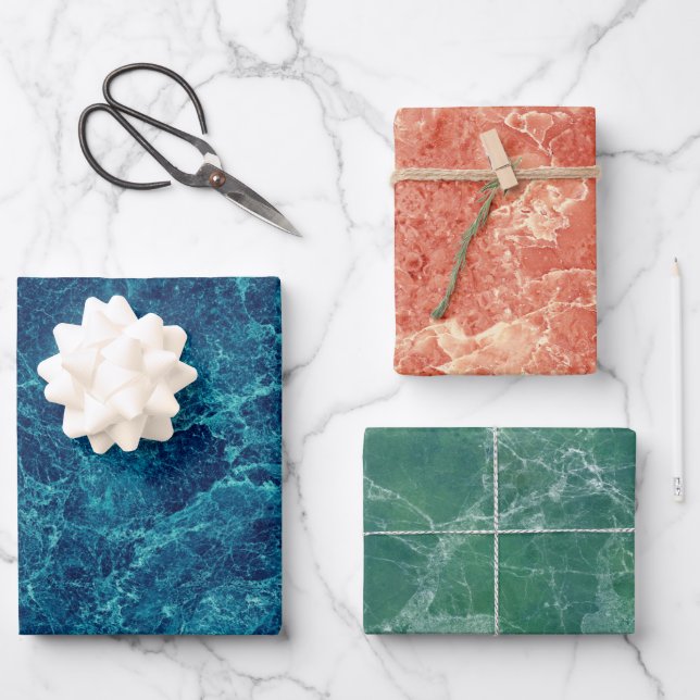 Blue, Green & Coral Marble Texture Wrapping Paper Sheets (Front)