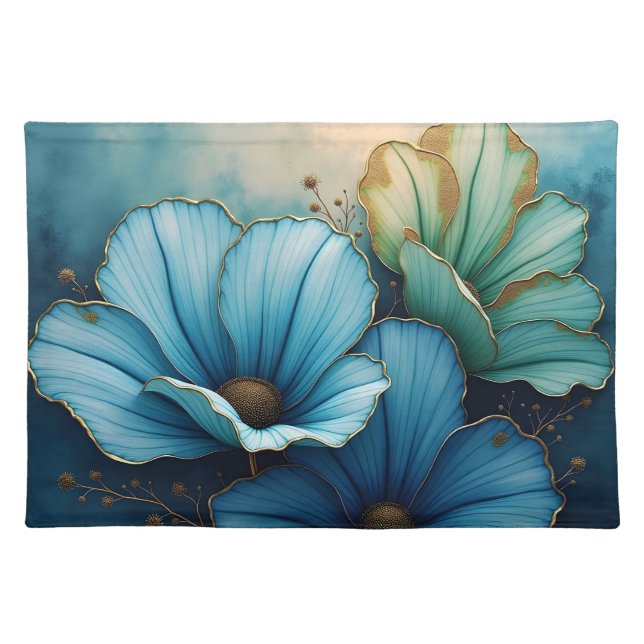 Blue Green Cosmos floral Cloth Placemat (Front)