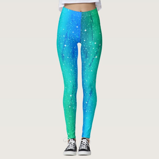 Blue Green Cosmos Ombre Gradient Leggings (Front)