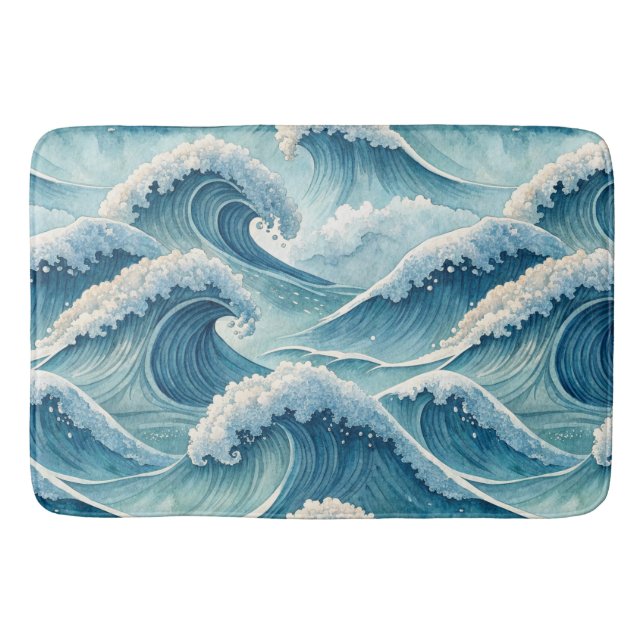 BLUE GREEN CRASHING OCEAN WAVES BATH MAT (Front)