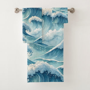 BLUE GREEN CRASHING OCEAN WAVES BATH TOWEL SET