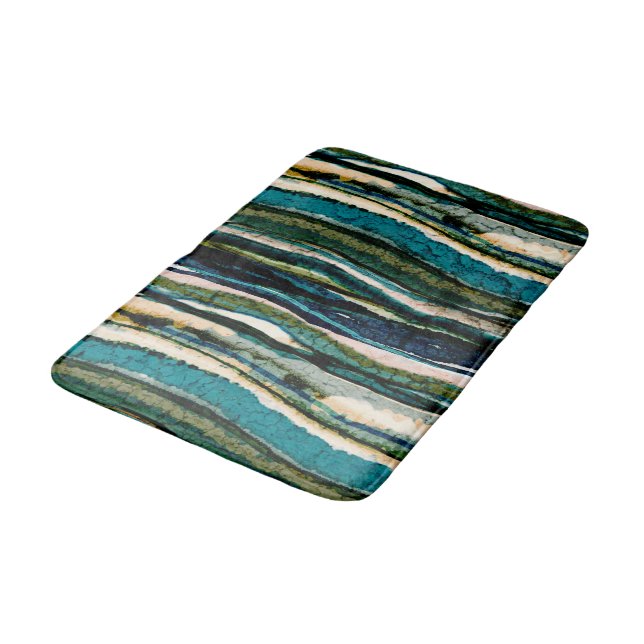 Blue Green Cream Abstract Agate Stripe Bath Mat (Angled)