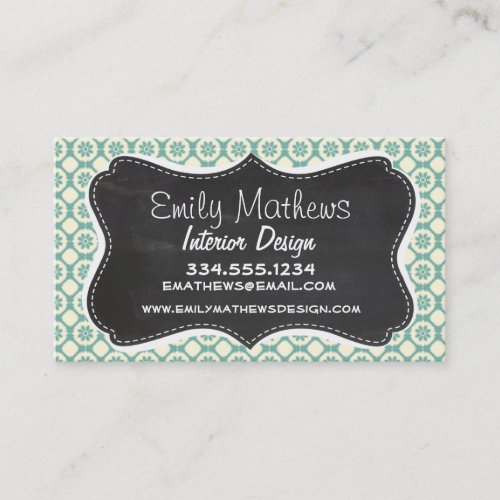Blue-Green &amp; Cream Floral; Vintage Chalkboard Business Card Templates