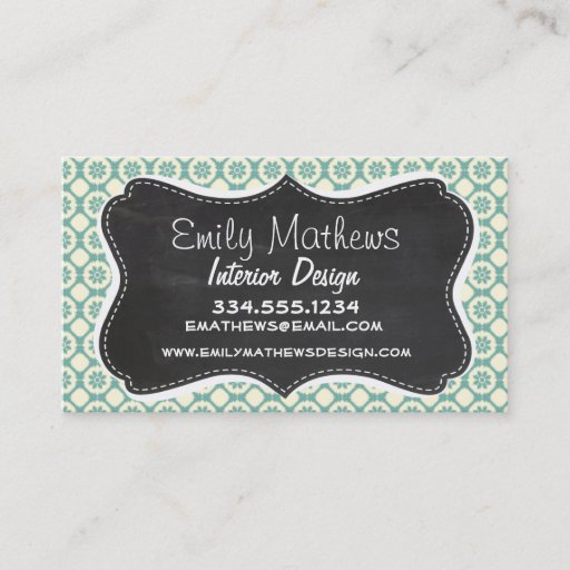 Customizable Blue-Green & Cream Floral; Vintage Chalkboard Business Card Templates