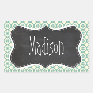 Blue-Green & Cream Floral; Vintage Chalkboard Rectangular Sticker