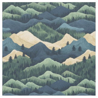 Blue / Green / Cream Trees & Mountains Fabric