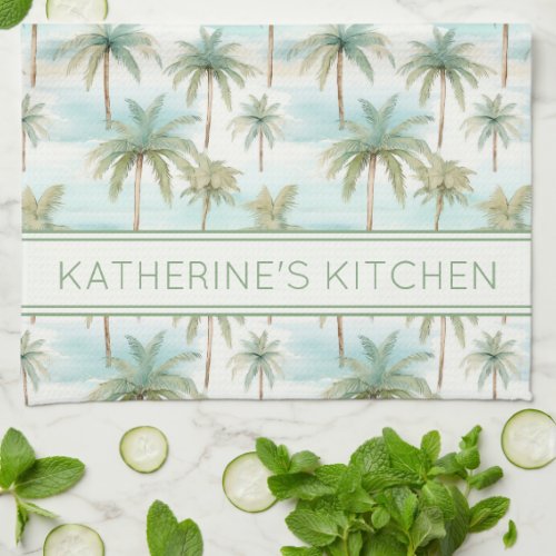 Blue Green Cream Tropical Palm Tree Personalized Kitchen Towel