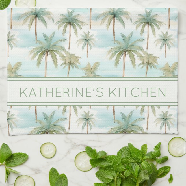 Blue Green Cream Tropical Palm Tree Personalized Kitchen Towel (Folded)