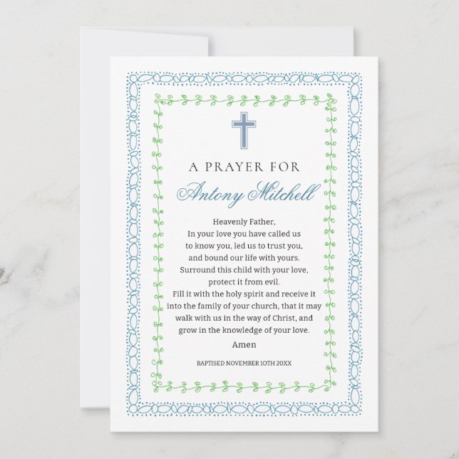 Blue Green Cross Baptism Prayer  Invitation (Front)