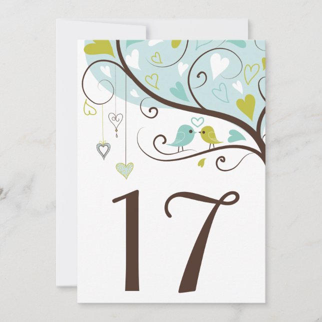 Blue & Green | Cute Lovebirds Table Numbers Card (Front)